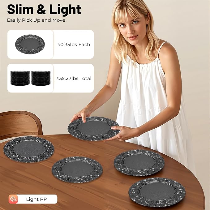 DYRABREST 100 Pcs 13 Inch Black Charger Plates, Bulk PP Wedding Chargers with Floral Reef Design Decorative Round Ruffled Rim Dinner Plates for Wedding Party Event Table Setting Decoration
