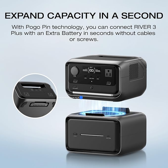 EF ECOFLOW Portable Power Station River 3 Plus with EB600 Extra Battery, Expand Capacity from 286Wh to 858Wh, 3 Up to 1200W AC Outlets, <10 MS UPS, <30 dB Quiet, River 3 Max Plus LiFePO4 Battery