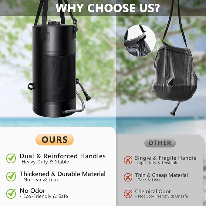 5 Gal/3 Gal Solar Shower Bag, Solar Heating Camping Shower Bag, On-Off Switchable Shower Head, Portable Shower with Thick Tarpaulin for Camping, Surfing, Outdoor Traveling, No Tear & Leak