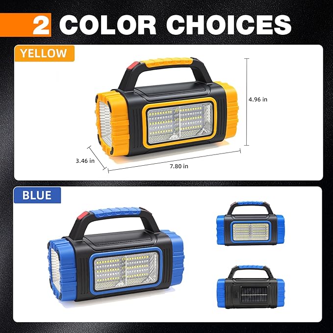 Solar Powered Flashlight Rechargeable, 8 Light Modes 2000mAh Battery 3000 Lumens USB LED Handheld Flashlights, Multi-Function Flashlight for Emergency Spotlight Camping Lantern Hiking (Yellow) 2pcs