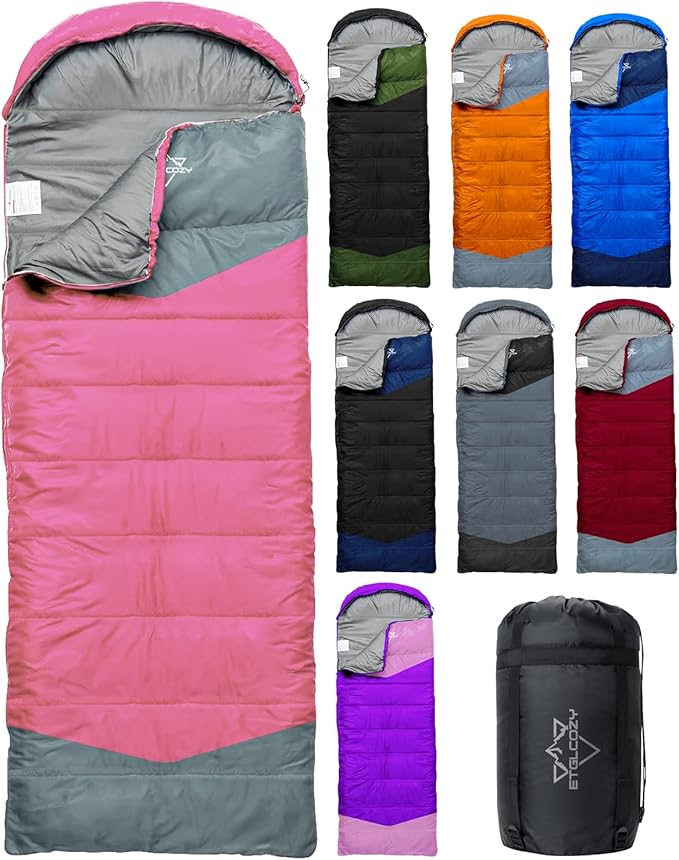 Single Sleeping Bag for Adults Kids 3-Season, Lightweight Waterproof Ripstop, Dual Zipper Bottom Vent, Compression Sack, Portable Camping Hiking Backpacking Gear