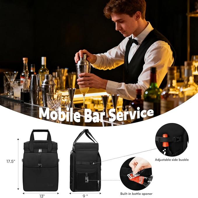 Bartender Bag, Leakproof Travel Bartender Kit Backpack for Carrying Bar Kit, Portable Bar Bag for Cocktail Shaker and 6 Wine Bottle, Professional Mixology Gift for Travel Home Party (Backpack Only)