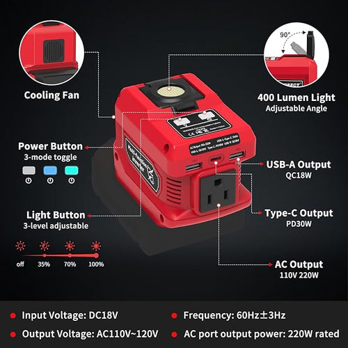 2 Pack Kzreect 220W Power Inverter Compatible with Milwaukee 18V Batteries (Battery Not Included), DC to 110V AC Converter with 1 AC Outlet, USB-C, Dual USB-A & 400LM LED – Camping, Emergency Use