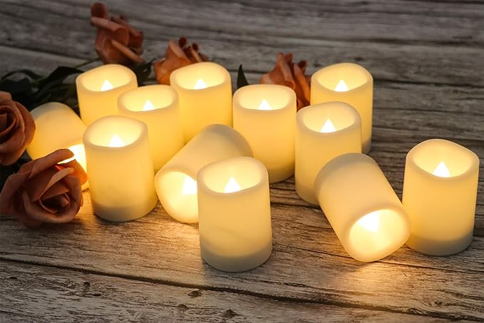 Wondise Waterproof Flameless Votive Candles with 6H Timer, Set of 12 Outdoor Battery Operated Candles Plastic LED Flickering Tealights Candles for Outdoor Garden Patio Home Summer Decor(1.5”D x 2”H)