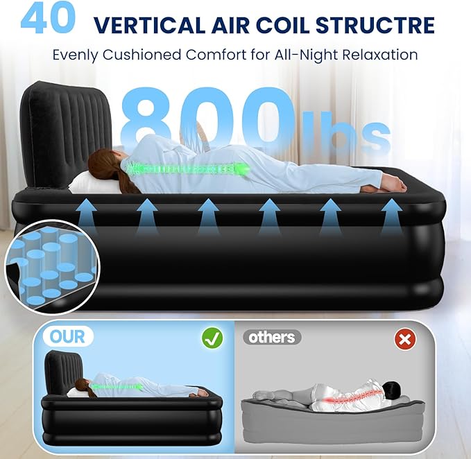 Queen Air Mattress with Headboard, Built-in Pump, 800 lbs Support, Quiet Noiseless Design, 48-Hour Leak-Tested, 3.5 Min Fast Inflation, Portable Blow Up Bed with Carry Bag for Home, Guests & Camping