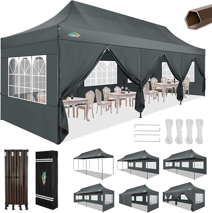 COBIZI 10x30 Heavy Duty Party Tent, Commercial 10x30 pop up Canopy for Parties Waterproof Gazebos with 8 Sidewalls, All Season Wind & Waterproof UPF50+,Stable Thickened Frame, Gray