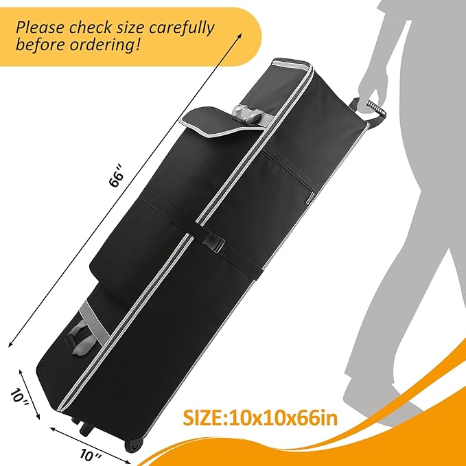 10 x 10 x 66in Canopy Roller Bag for Pop Up Canopy Tent with Sturdy Handles and Pocket, Wheeled Storage Bag for 10 x 10 Canopy Tent, Tent Bag Replacement Part, 800D Waterproof Oxford Fabric