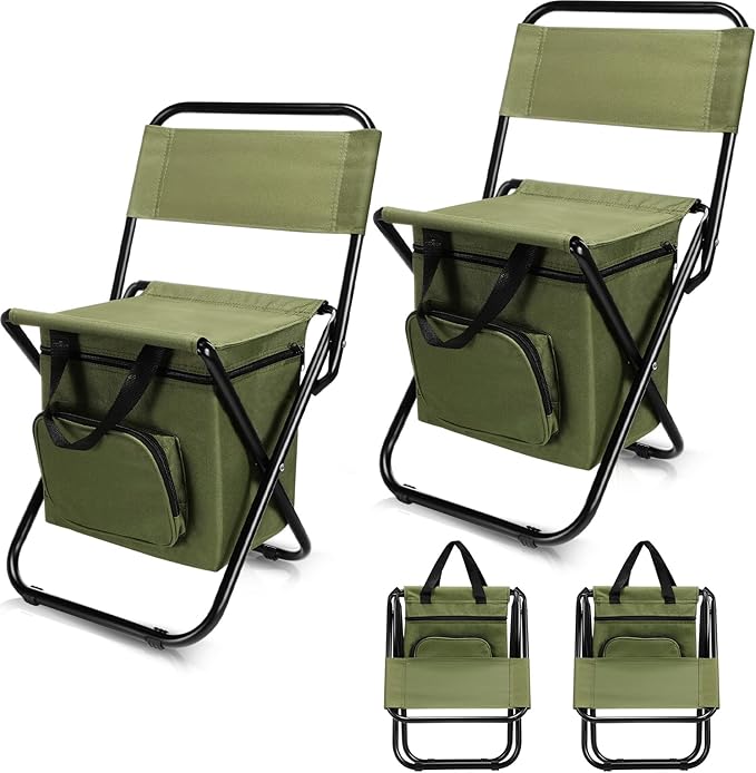 Jerify 2 Pcs Fishing Chair with Cooler Bag Multi-Function Foldable Compact Fishing Stool Hunting Chair Portable Backrest Stool with Folding Backpack for Finishing Camping Hunting Travel(Green)