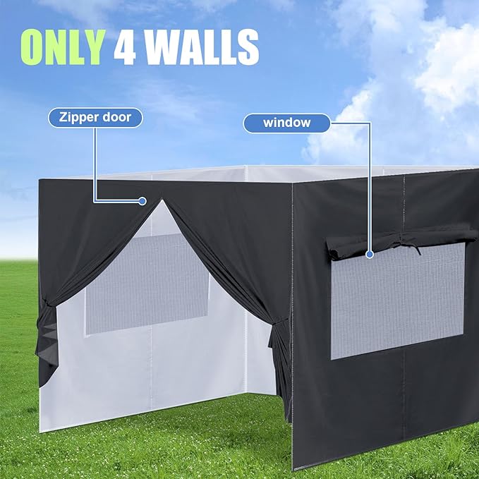 4Pcs Canopy Sidewall for 10x10 Canopy Frame Enclosure Wall with Mesh Window Replacement Side Wall for 10x10 Pop up Tent Outdoor Party, No Frame or Top(Black)