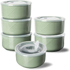 Ceramic Bowls with Lids: 20 oz Microwave Safe Food Storage Containers for Soup, Salad, Cereal, Leftovers, Meal Prep, Lunch, Picnic, Camping, Serving - Airtight, Green, Set of 6