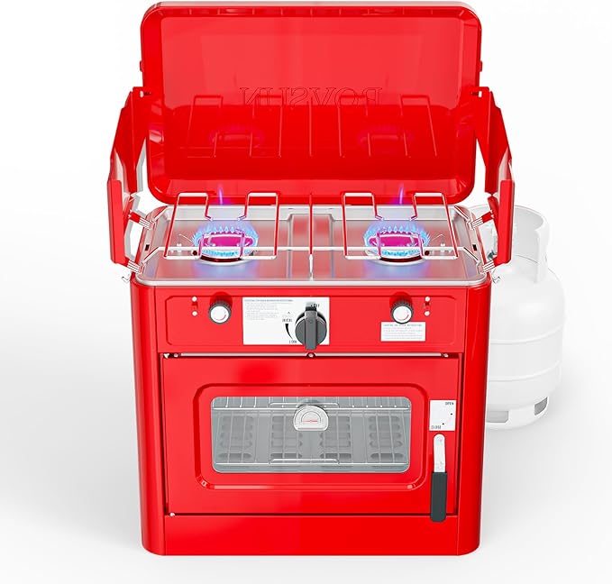 ROVSUN 2-in-1 Portable Camping Stove & Propane Oven with Piezo Igniter, 2 Burner Stove & Outdoor Oven with Adjustable Fire, Thermometer, Wind Panel & Regulator for Traveling, Tailgating (Red)