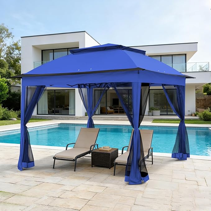 COOS BAY Pop up Gazebo 11x11, Instant Canopy Tent with Mesh Netting, Patio Gazebo with 121 Square Feet of Shade, 4 Weight Bags Included, Blue