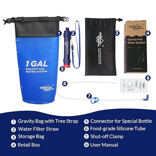 Membrane Solutions Gravity Water Filter 1 Gallon, NSF/ANSI 42&372&401 Certified, 0.1μm Versatile Water Purifier Camping with Adjustable Tree Strap Storage Bag, Survival Gear for Emergency Preparedness