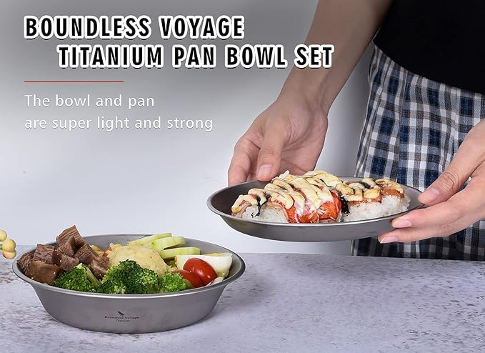 Boundless Voyage Ultralight Titanium Bowl Pan Plate Dish with Carry Bag Outdoor Camping Portable Tableware Cookware (2 Pcs Set (Shallow Bowl+Plate))