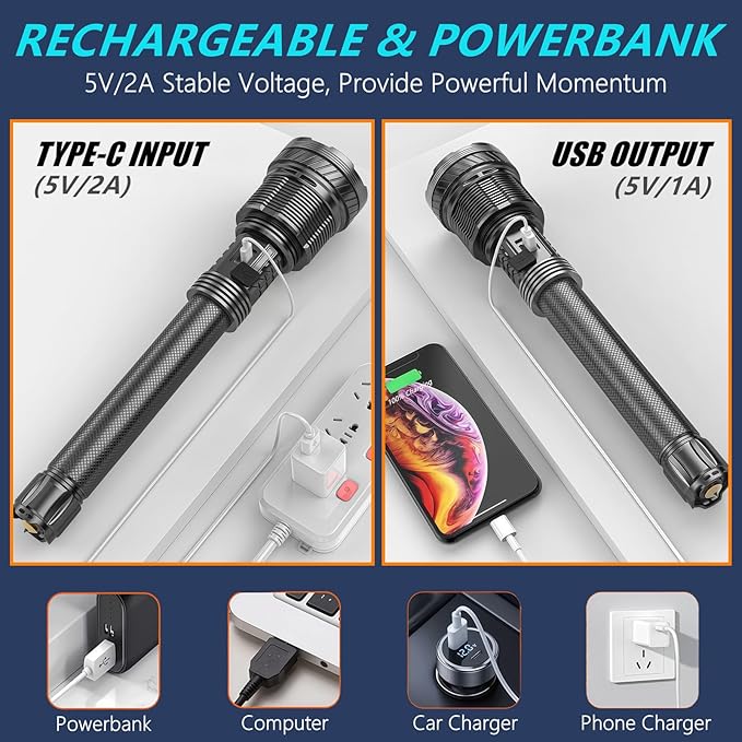 Rechargeable Flashlight 15,000 High Lumens, 120W XHP360 LED Super Bright Tactical Zoomable Flashlights with USB Output, Large Capacity Powered Waterproof Flash Light for Emergencies, Camping, Hunting