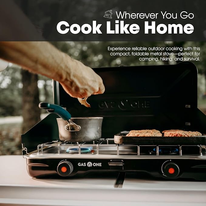 GasOne PS-2500MBA Portable Camping Stove – Double Propane Stove with Auto Twist Turn Ignition – 22,000 BTU Camping Cooktop with 2 Burners and Wind Guard – Ideal for Tailgating, Fishing, Travel