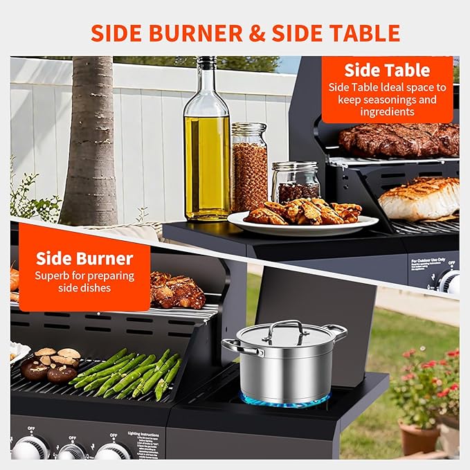 4 Burners Propane Gas Grill with Visual Glass, 50,000 BTU Propane Grill with Side Burner, Double-Layer Lid, Stainless Steel Grate,Outdoor Cook BBQ Grill for Patio, Camping, Backyard