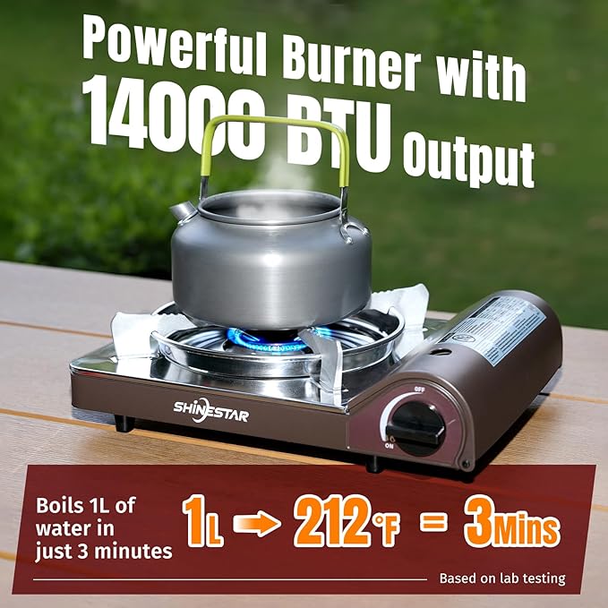SHINESTAR 14000 BTU Butane Camping Stove, Double Wind-Guard Portable Butane Stove for Camping, Hiking, Emergencies, Tailgating Essentials, Carrying Case Included, Brown