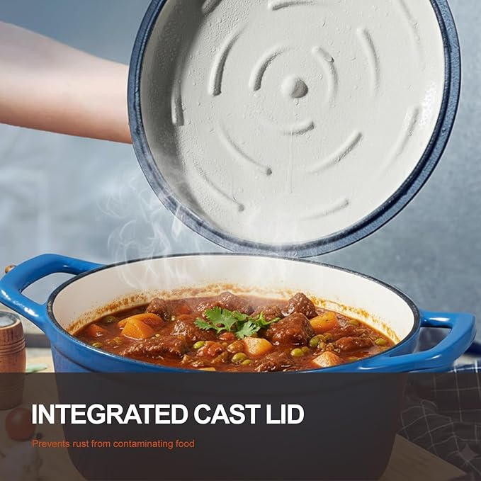 Overmont Enameled Cast Iron Dutch Oven - 5.5QT Pot with Lid Cookbook & Cotton Potholders - Heavy-Duty Cookware for Braising, Stews, Roasting, Bread Baking Blue