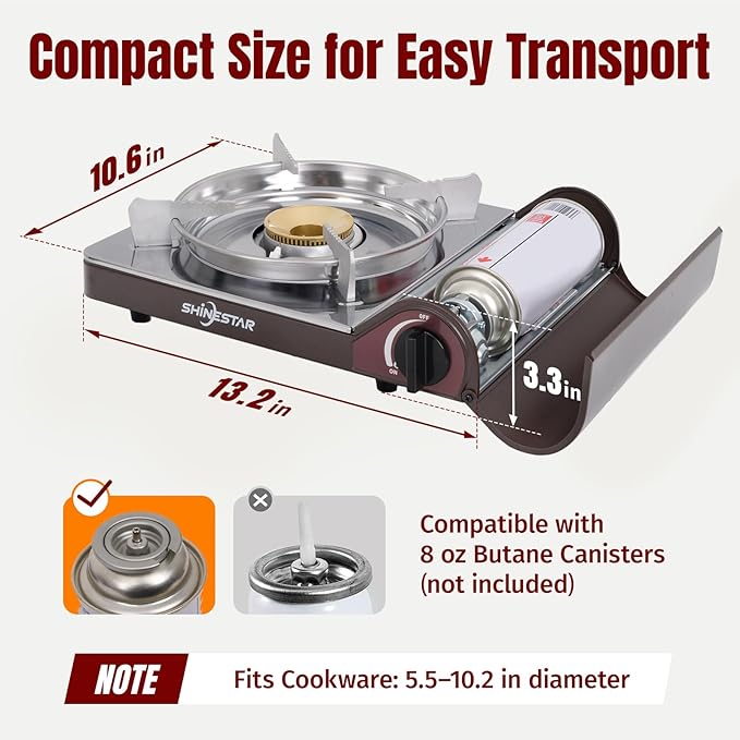 SHINESTAR 14000 BTU Butane Camping Stove, Double Wind-Guard Portable Butane Stove for Camping, Hiking, Emergencies, Tailgating Essentials, Carrying Case Included, Brown