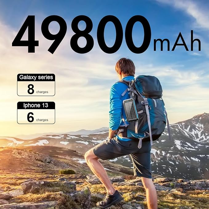 Solar-Charger-Power-Bank-49800mAh Portable Solar Phone Charger with LED Flashlight/15W Fast Charge USB C Waterproof External Backup Battery Pack for All Cell Phones & Electronic Devices