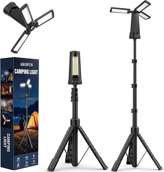 15000 mAh Rechargeable Camping Light with Stand, Cordless Work Light with 3 LED Lamp Heads, 5500 Lumens Dimmable Camping Essentials Gear Emergency Flashlight with 86" Detachable Tripod, Black