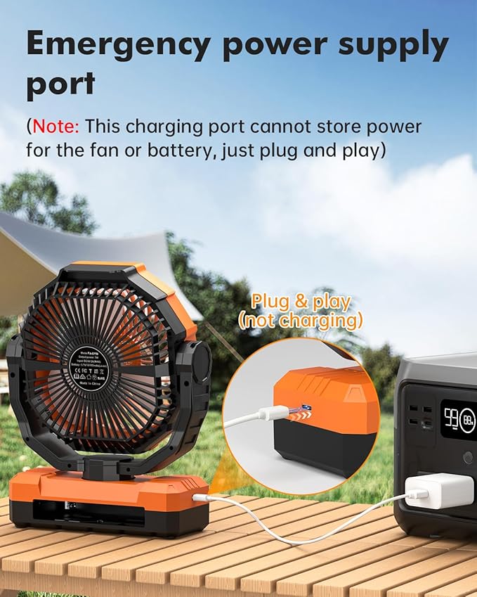 3-in-1 Camping Fan - Detachable Rechargeable Battery Operated Fan with Light & Hook for Tent, Outdoor - USB Table Fan with 4 Speeds for Picnic, BBQ, Fishing, Travel, Hurricane