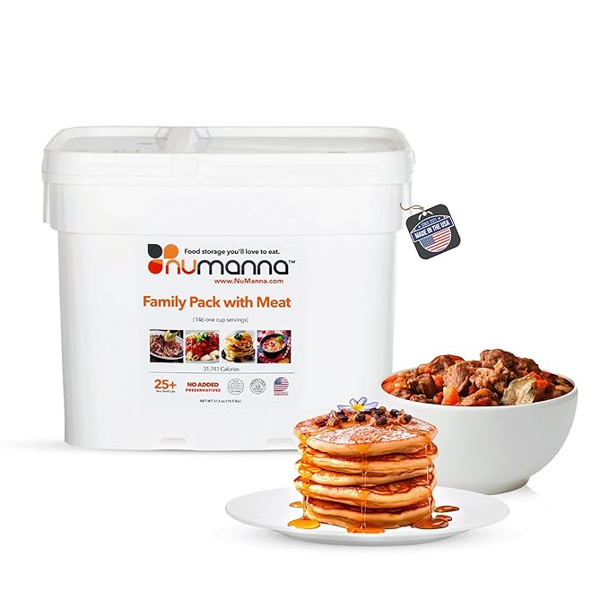 Numanna Family Pack with Meat Bucket 1,752 Servings | 12-Months Emergency Meals | Easy to Prepare for Everyday Use, Prepping & Camping | 25+ Year Shelf Life | Made in USA | Food-Grade Bucket