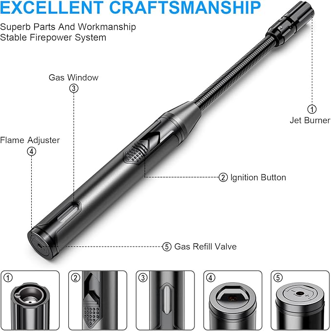 Torch Lighter Refillable Butane Lighter Long Flexible Neck Multipurpose Lighter for Candles Grill BBQ Fireplaces Kitchen Camping (No Prefilled)