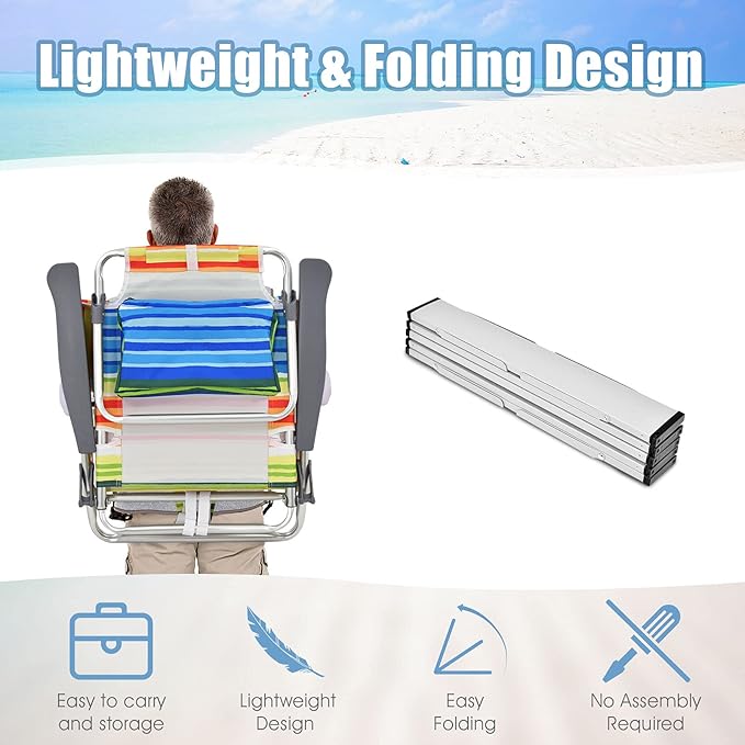 Giantex Folding Beach Chair, Patio Sling Chairs with 5 Adjustable Position, Head Pillow, Storage Bag, Towel Bar, Cup Holders, Backpack Chairs for Sunbathing, Camping Chair