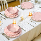 ADSURMELA 6-Piece Pink Melamine Dinnerware Set, Service for 2, Beaded Edge Scalloped Plates with Silver Glitter, Heavy Duty Shatterproof Unbreakable, Elegant for Bridal Shower Wedding Party Outdoor