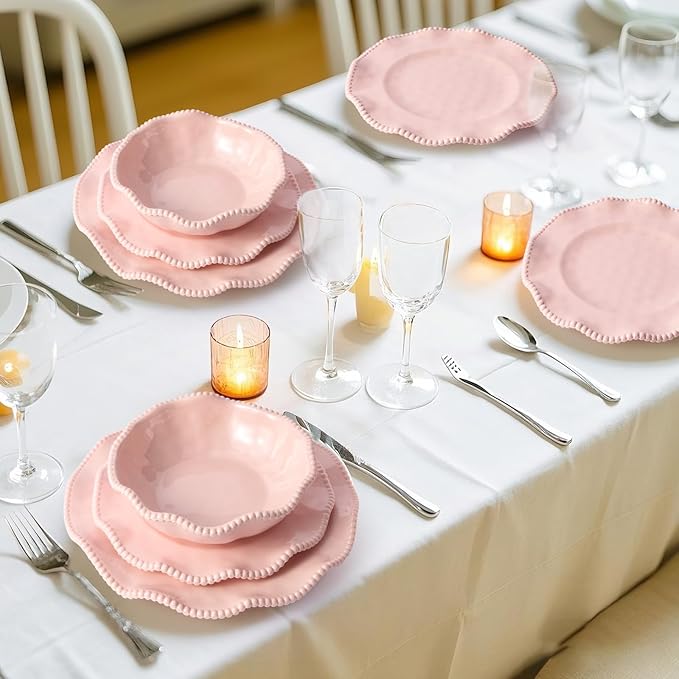 ADSURMELA 6-Piece Pink Melamine Dinnerware Set, Service for 2, Beaded Edge Scalloped Plates with Silver Glitter, Heavy Duty Shatterproof Unbreakable, Elegant for Bridal Shower Wedding Party Outdoor