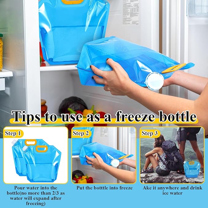 Tessco for you 8 Pack 1.3 Gallon Collapsible Water Storage Bag Water Container Emergency Jug Plastic Storage Pouch Freezable Carrier Tank Foldable Bottle for Outdoor Sport Camping (Blue)