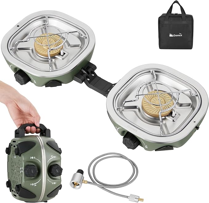 Gonex AeroFlame Dual Burner 20,000 BTUs Propane Camping Stove with Precision Flame Control & Removable Pot Stands, Portable Folding Camp Stove for Camping, Hiking, Patio, BBQ(Army Green)