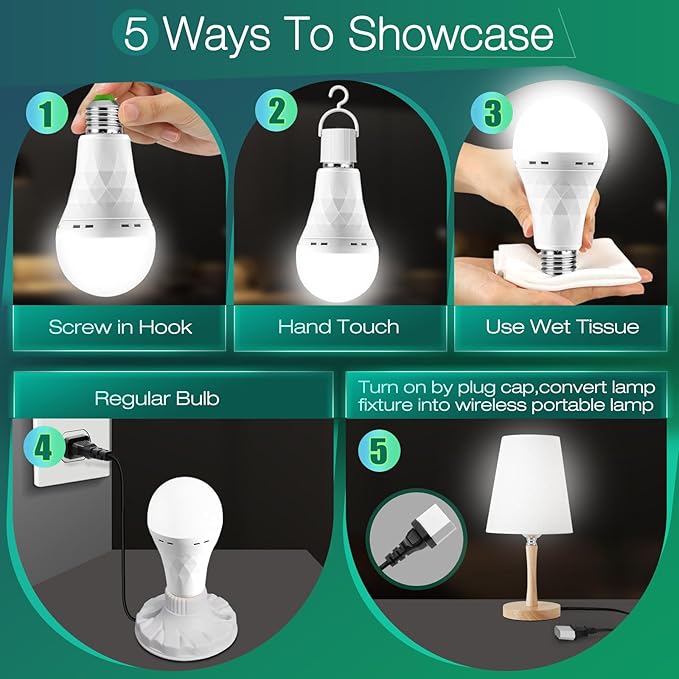 Emergency-Rechargeable Light Bulb with Hook,Stay Lights Up When Power Failure, 1500mAh 12W 60W Equivalent LED Light Bulbs for Home, Camping, Hiking(E27, with Hook,with Plug Cap) 6 Pack