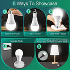 Emergency-Rechargeable Light Bulb with Hook,Stay Lights Up When Power Failure, 1500mAh 12W 60W Equivalent LED Light Bulbs for Home, Camping, Hiking(E27, with Hook,with Plug Cap) 4 Pack