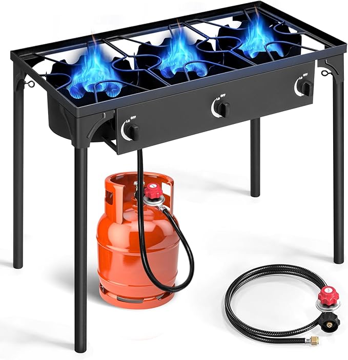 Outvita 3 Burner Propane Gas Stove for Outdoor Cooking, 225,000 BTU Camping Cooker with Removable Legs, Temperature Control Knobs for Backyard Cooking, BBQ, Baking and Frying