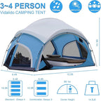 Vidalido 3-4 Person Camping Tent with 2 Large Mesh Door 4 Mesh Window Family Tents, Double Layer Waterproof Portable Easy Setup Camp Tent, Canvas Dome Tents for Camping Outdoor Hiking and Backpacking