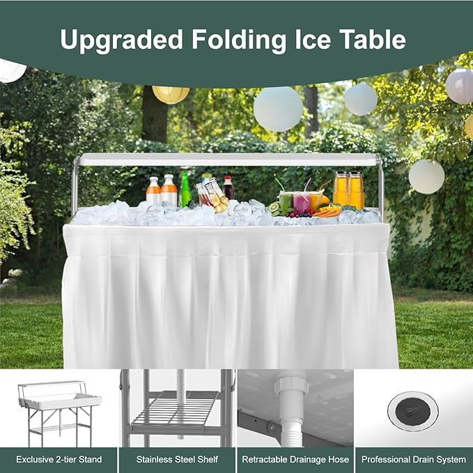 2 Tiers 4 Foot Ice Cooler Table, Folding Tailgate Camp Fishing Cleaning with Matching Skirt & Drain Hose, Plastic Ice Table for Party, BBQ, Camping, Picnic, Barbecues to Keep Drinks Cool, White
