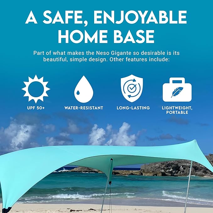 Neso Gigante Portable Beach Tent Sun Shelter - Lightweight Beach Shade Canopy - Easy Setup for Family Outings - Patented Reinforced Corners - UPF 50+ Sun Protection - 8ft Tall, 11 x 11ft - Seafoam