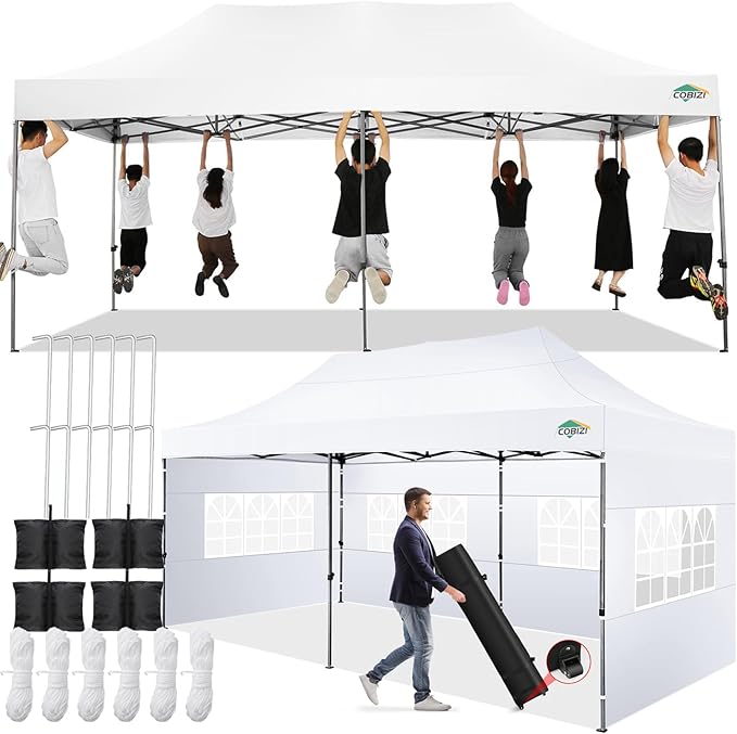 COBIZI 10x20 Pop Up Canopy Tent,10x20 Canopy with 6 Sidewalls,Waterproof Heavy Duty Commercial Canopy Tent for Parties Outdoor Garden Gazebo, Carry Bag with Wheel(10x20ft, White)