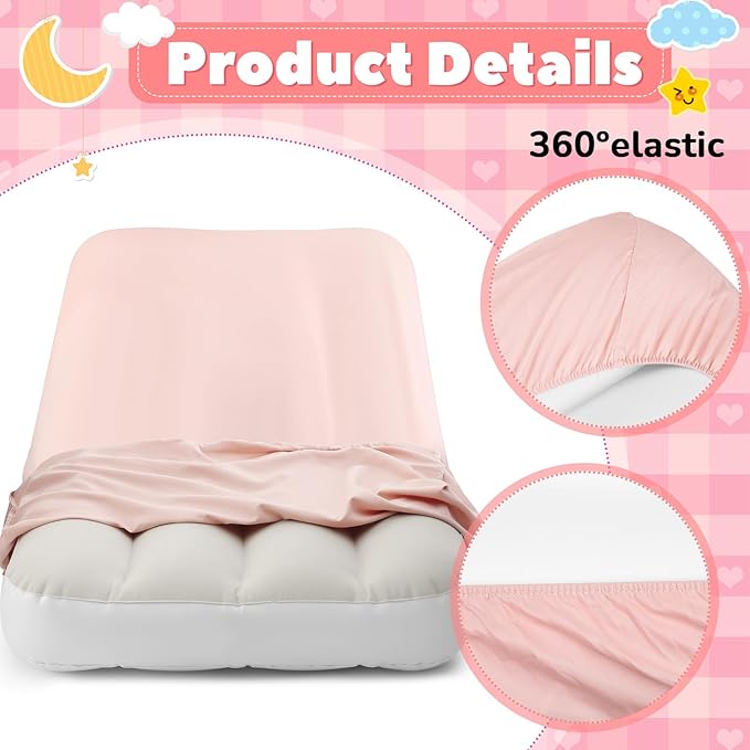Windyun 4 Sets Kids Air Mattress Bulk with Fitted Sheet,Toddler Inflatable Bed 63 x 27 x 8 Inches Blow up Airbed Camping Sleeping Pad for Aged 3-10 Years Old Birthdays Slumber Sleepover Party (Pink)