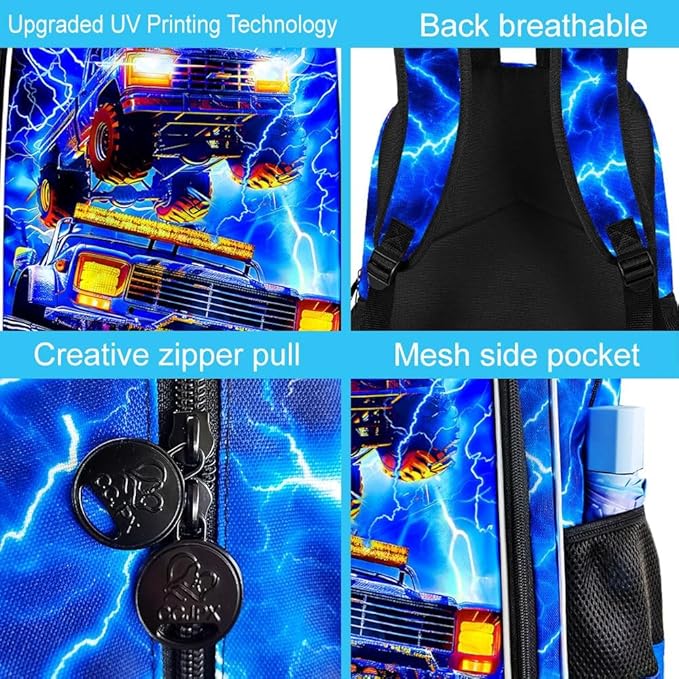 17" Truck Backpack for Boy, 3Pcs Lightning Bookbag for Elementary Preschool Kindergarten, Kids School Thunder Backpacks with Lunch Box (Blue)