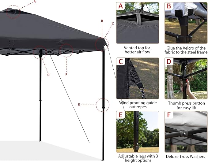 KAMPKEEPER 10x10 Pop Up Commercial Canopy Tent - Waterproof & Portable Outdoor Shade with Adjustable Legs, Air Vent, Carry Bag & Sandbags(Black)