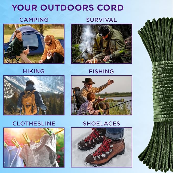 TECEUM 5/32" Paracord Rope 1000 – 1000ft / 200ft / 100ft / 50ft – Tactical Parachute Cord 4mm – 45+ Colors – Nylon String for Survival & Camping Gear – Stripe Cord for Survival – Utility Rope