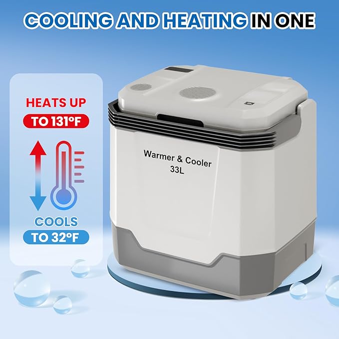 35 QT (33 L) Electric Cooler & Warmer, Portable Car Refrigerator With Automatic Locking Handle, 12V Car Cooler for Vehicle & Trucks, 110V AC Home Power Cord, Plug In Coolers, Grey