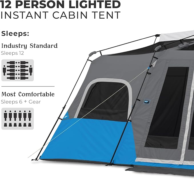 CORE Instant Cabin Tents with LED Lights | 6 Person / 9 Person / 12 Person Family Multi Room Lighted Pop Up Tents for Camping | Included Storage Pockets for Camping Accessories