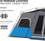 CORE Instant Cabin Tents with LED Lights | 6 Person / 9 Person / 12 Person Family Multi Room Lighted Pop Up Tents for Camping | Included Storage Pockets for Camping Accessories