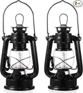 Hortsun 2 Pcs 8 Inch Vintage LED Hurricane Lantern Metal Black Outdoor Battery Operated Hanging Lantern with Warm LEDs and Dimmer Switch for Indoor Rustic Farmhouse Country Camping Decor