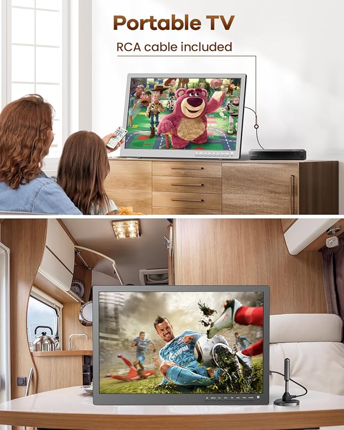 NORTHING 1080P 12 Volt Portable TV with Antenna/USB/HDMI/AV, for Camping Home Kitchen Power Outage, Sleep Timer (Inches, 17)